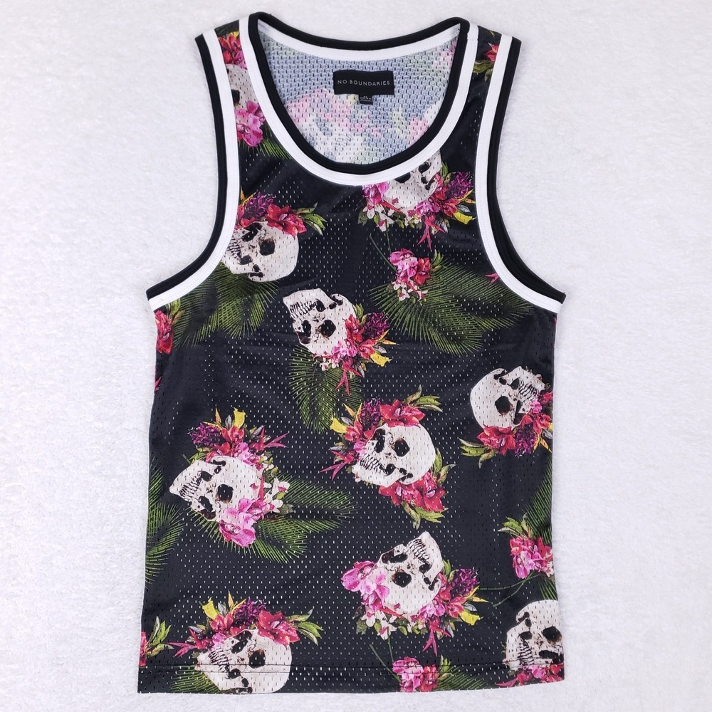 No Boundaries Skull Floral Mesh‎ Tank Top XS Black